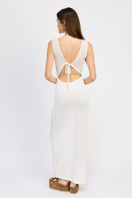 SOMEWHERE ON THE BEACH CROCHET MAXI DRESS WITH BACK TIE DETAIL
