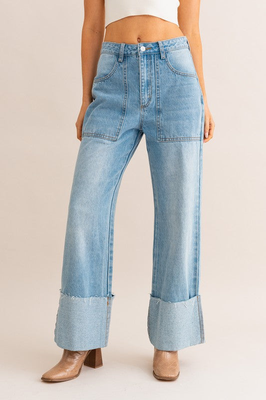 Wreckless High-Waisted Wide Leg Cuffed Jeans