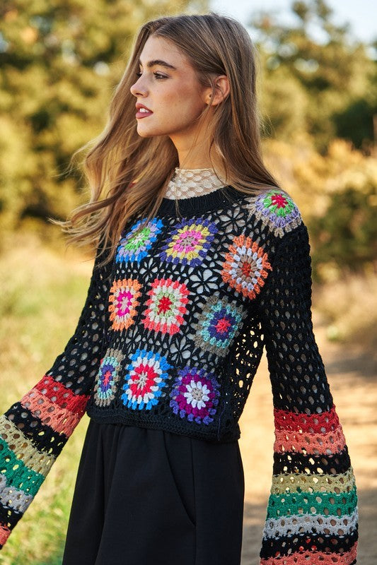 Azaleah Floral Crochet Striped Sleeve Cropped Knit Sweater